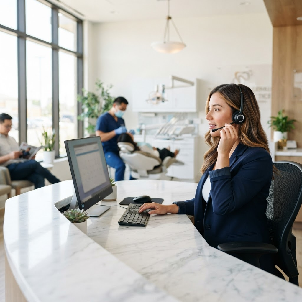 A professional virtual receptionist with brown hair wearing a headset, seated behind a marble reception counter taking a call, with a dentist treating a patient and a waiting patient in the softly blurred background