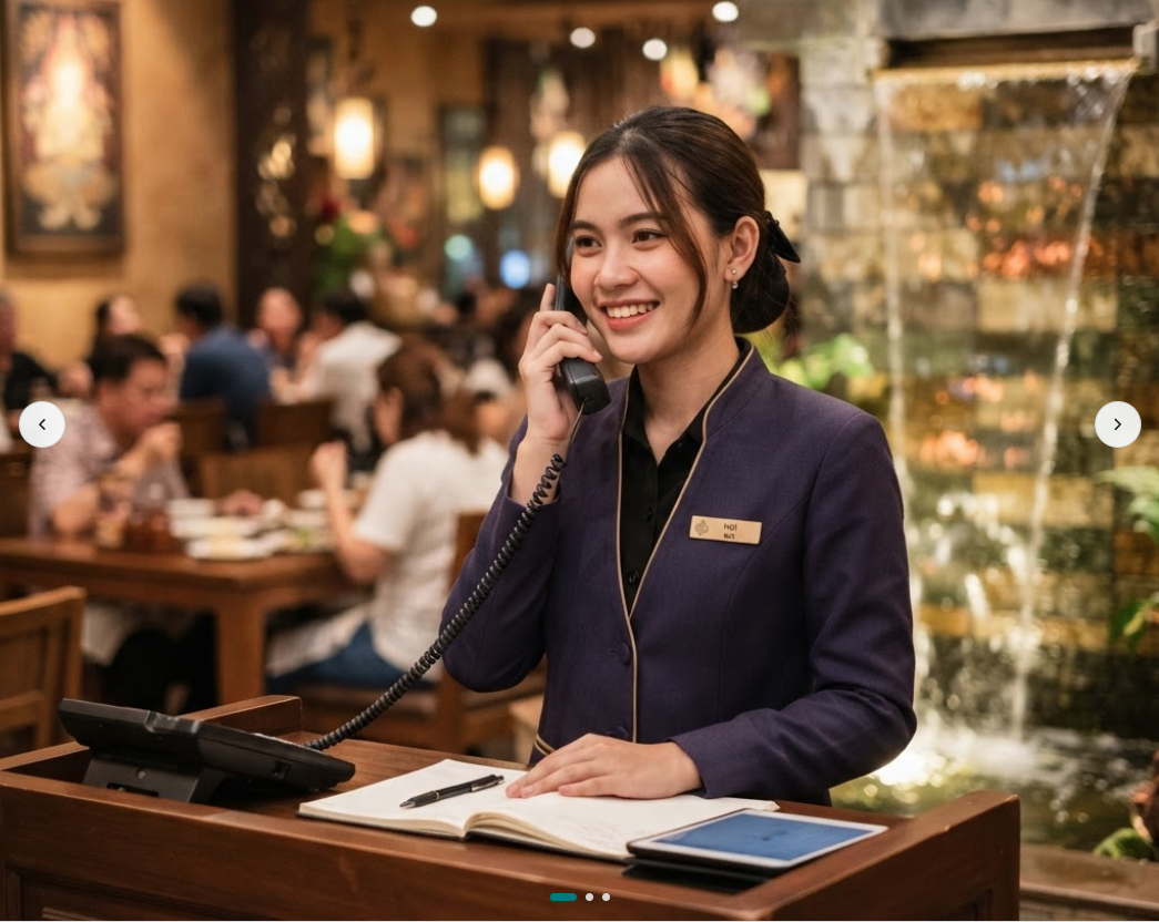 An Asian female restaurant host in a navy blazer with gold trim smiling while taking a phone call at a wooden host podium in a warm, upscale Thai restaurant with diners and a lit water feature in the background